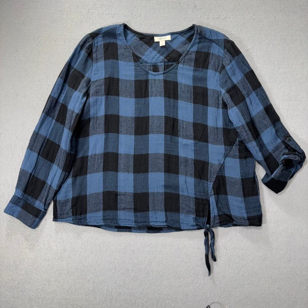 Style&Co Tie Front Roll Tab Sleeve Plaid Top Large Cabin Cottage Upscale‎ Grunge